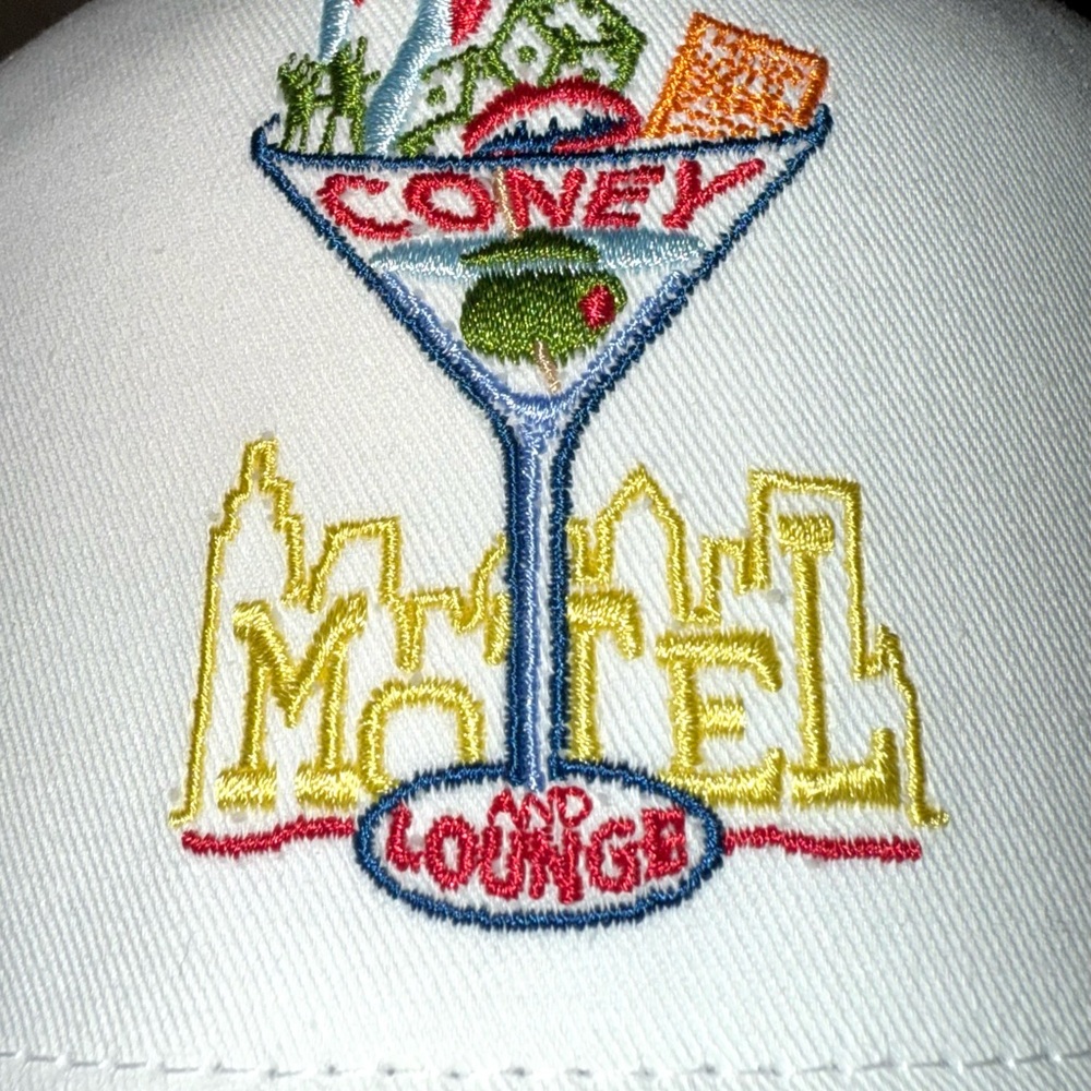 Coney Island Picnic; White and Blue Cap with Embroidered Design